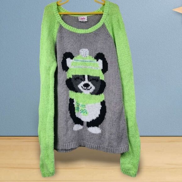 Justice Cute Winter Bear Sweater Girls 14 Pullover Neon Green/Gray Long Sleeves - Picture 1 of 9